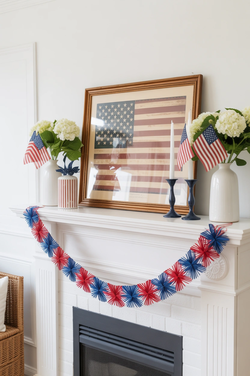 White fireplace mantel decorated for 4th of July with patriotic garland, vintage flag print, and white hydrangea vases