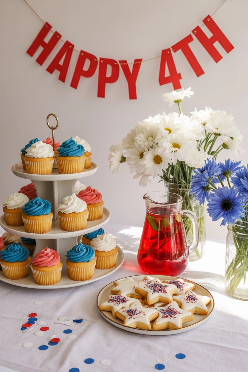 Patriotic 4th of July dessert table with tiered cupcake stand, star cookies, and festive banner decorations