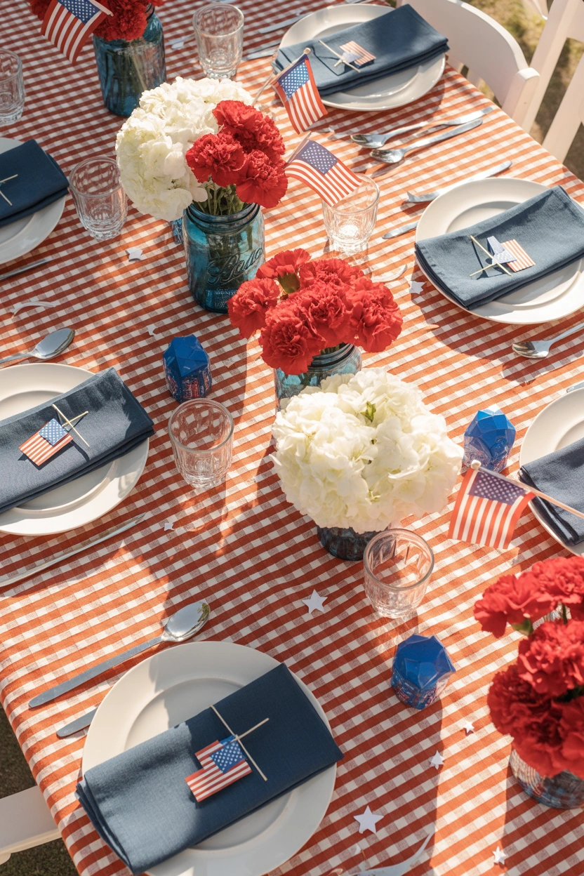 Beautifully styled 4th of July table setting with red gingham cloth, mason jar floral centerpieces, and patriotic accents