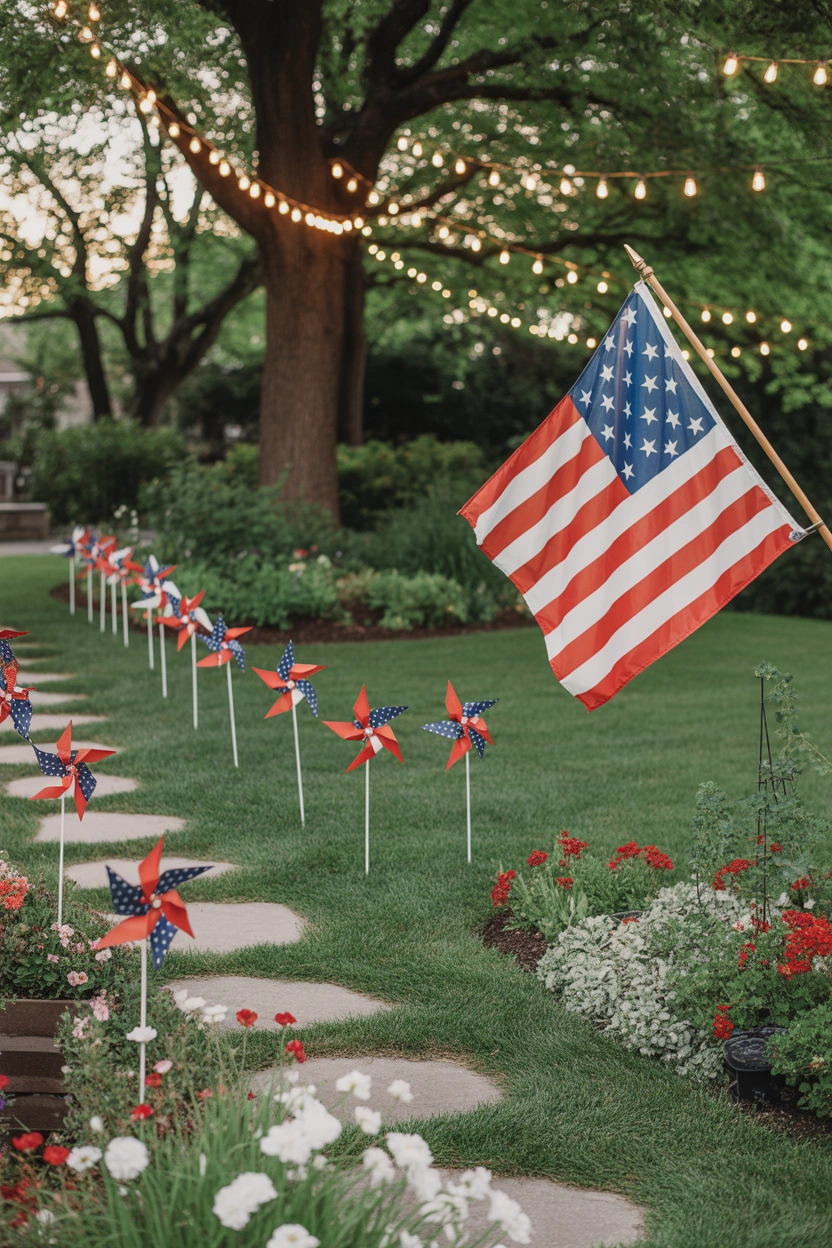 Patriotic yard decor with pinwheels along a garden path, garden flag, and string lights for 4th of July outdoor decorating
