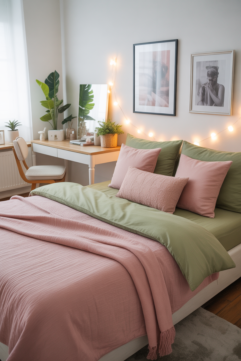 Budget-friendly pink and green bedroom with DIY decor and thrifted finds for an affordable aesthetic