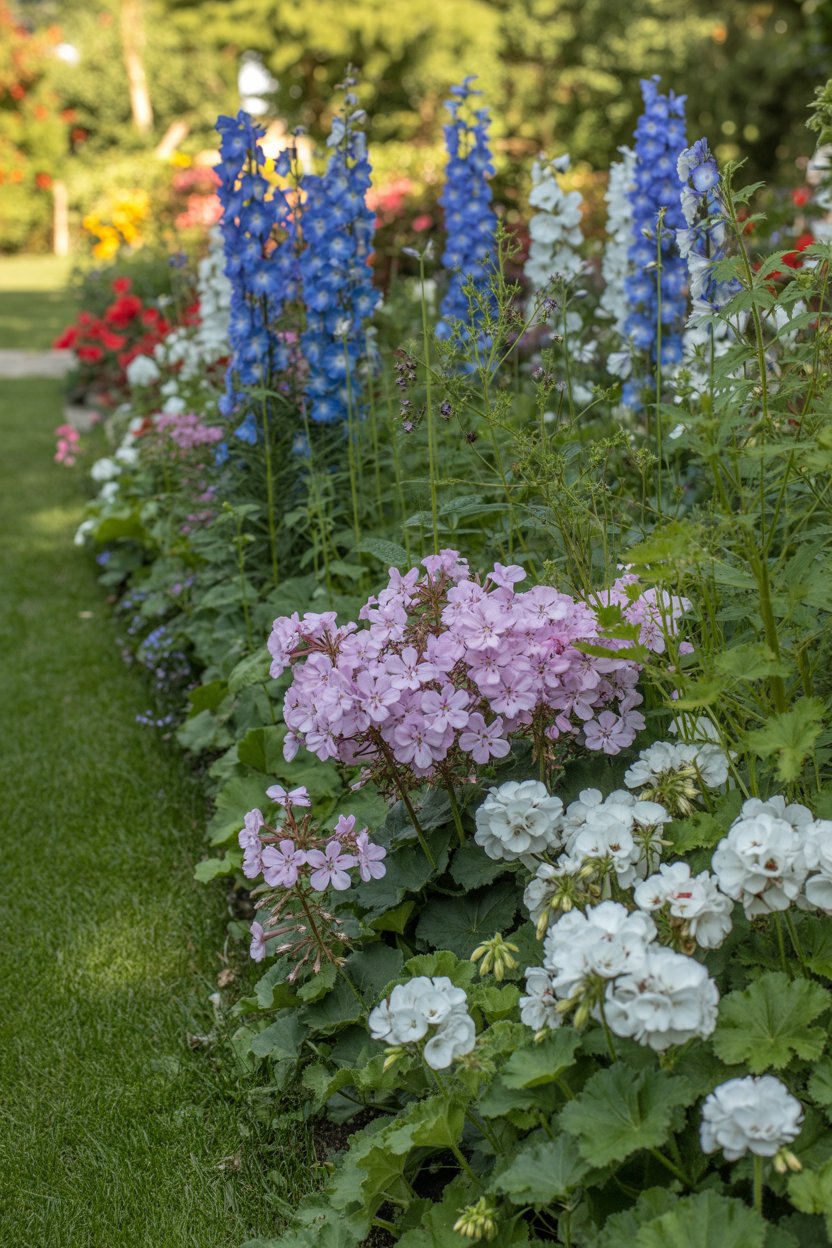 Classic English herbaceous cottage garden flower border with delphiniums, phlox, and geraniums in layered planting