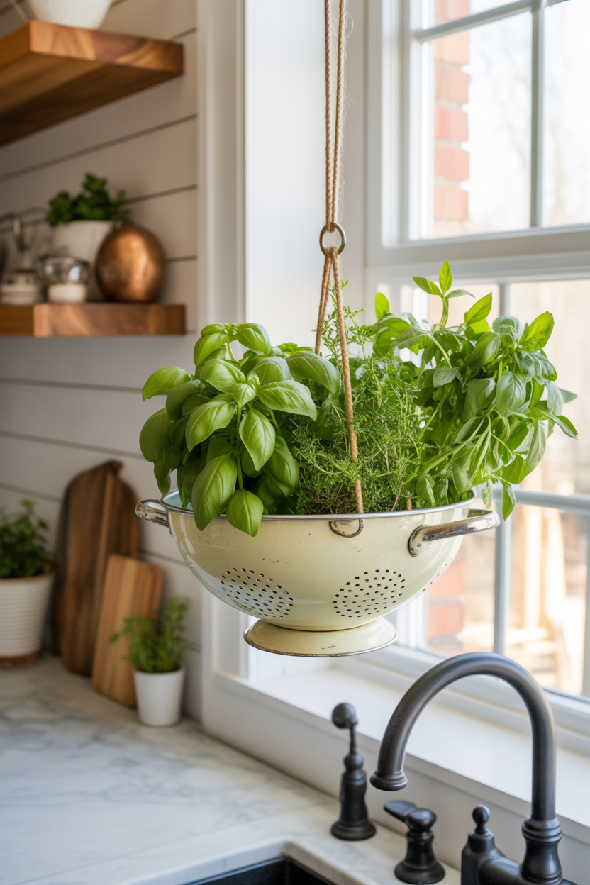 Vintage enamel colander repurposed as a hanging DIY herb planter for an indoor herb garden