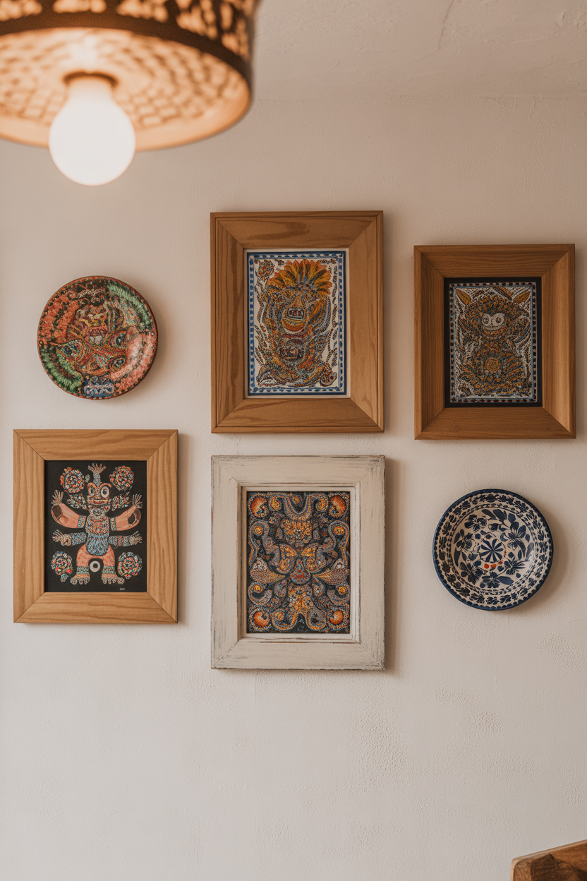 Curated Mexican folk art gallery wall featuring alebrijes, retablo paintings, and Talavera plates on a white stucco wall