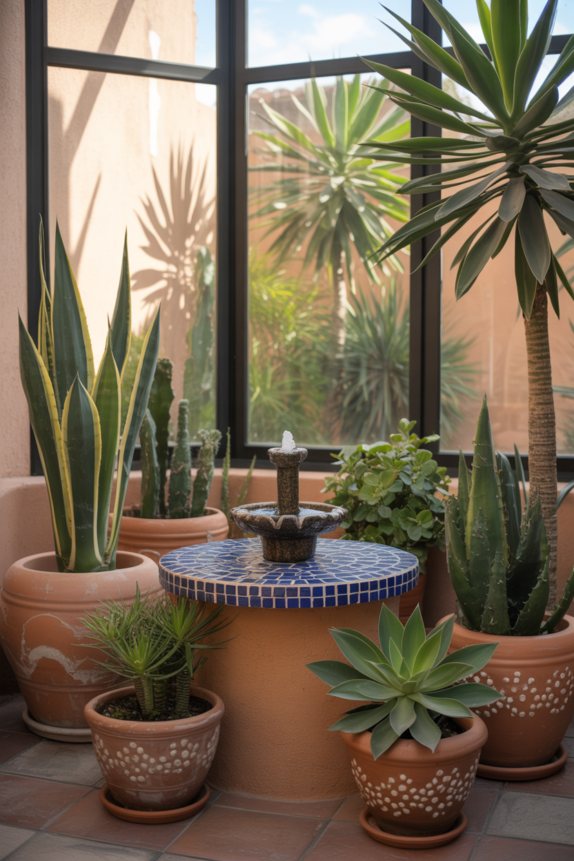 Mexican courtyard-inspired indoor garden with terracotta pots, agave, cactus, and a mosaic tile fountain by a sunny window