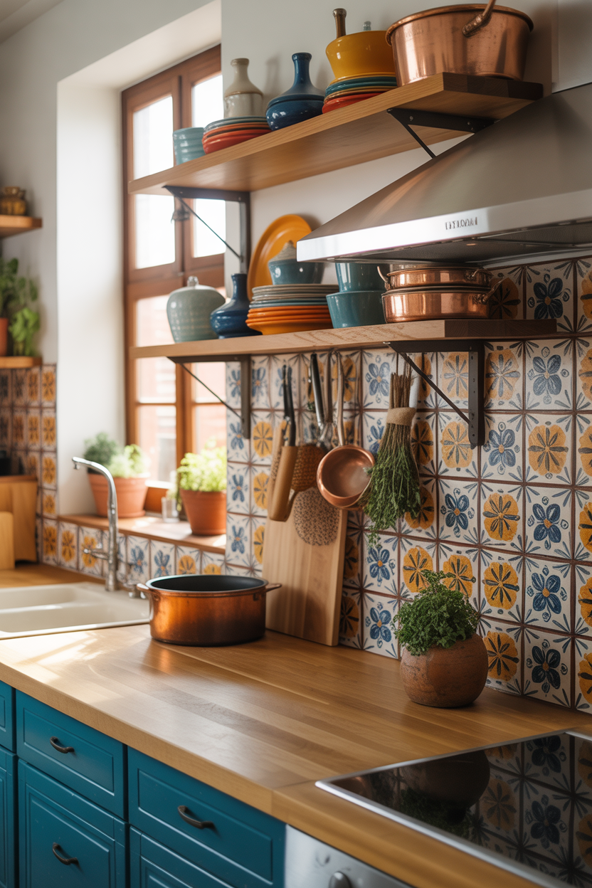 Colorful Mexican kitchen with Talavera tile backsplash, open wooden shelving, copper pots, and bright ceramic dishware
