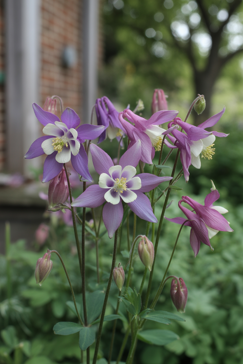 Purple and pink aquilegia columbine flowers growing in a shaded cottage garden in spring