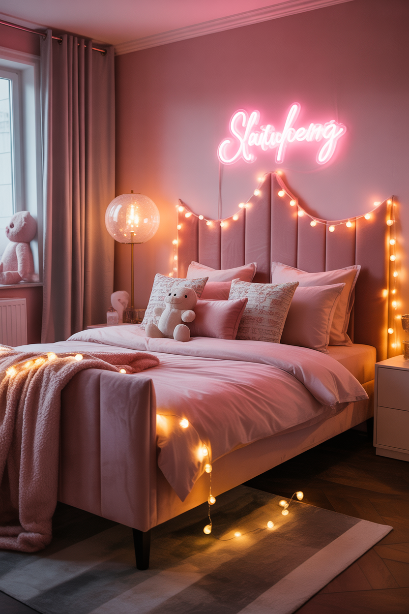 Tween bedroom with pink neon sign and warm string lights draped over the bed in a maximalist pink room
