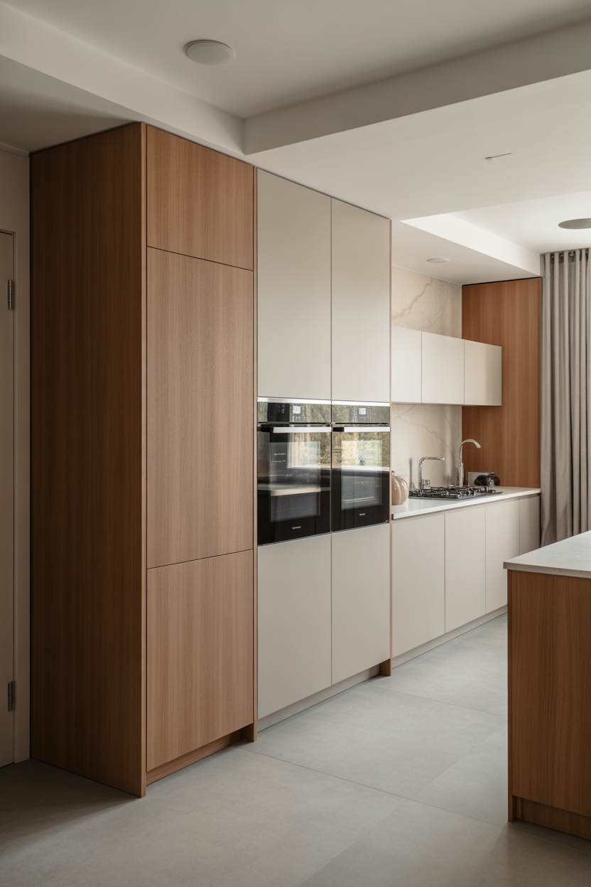 White oak kitchen cabinets with integrated appliances for a seamless modern look