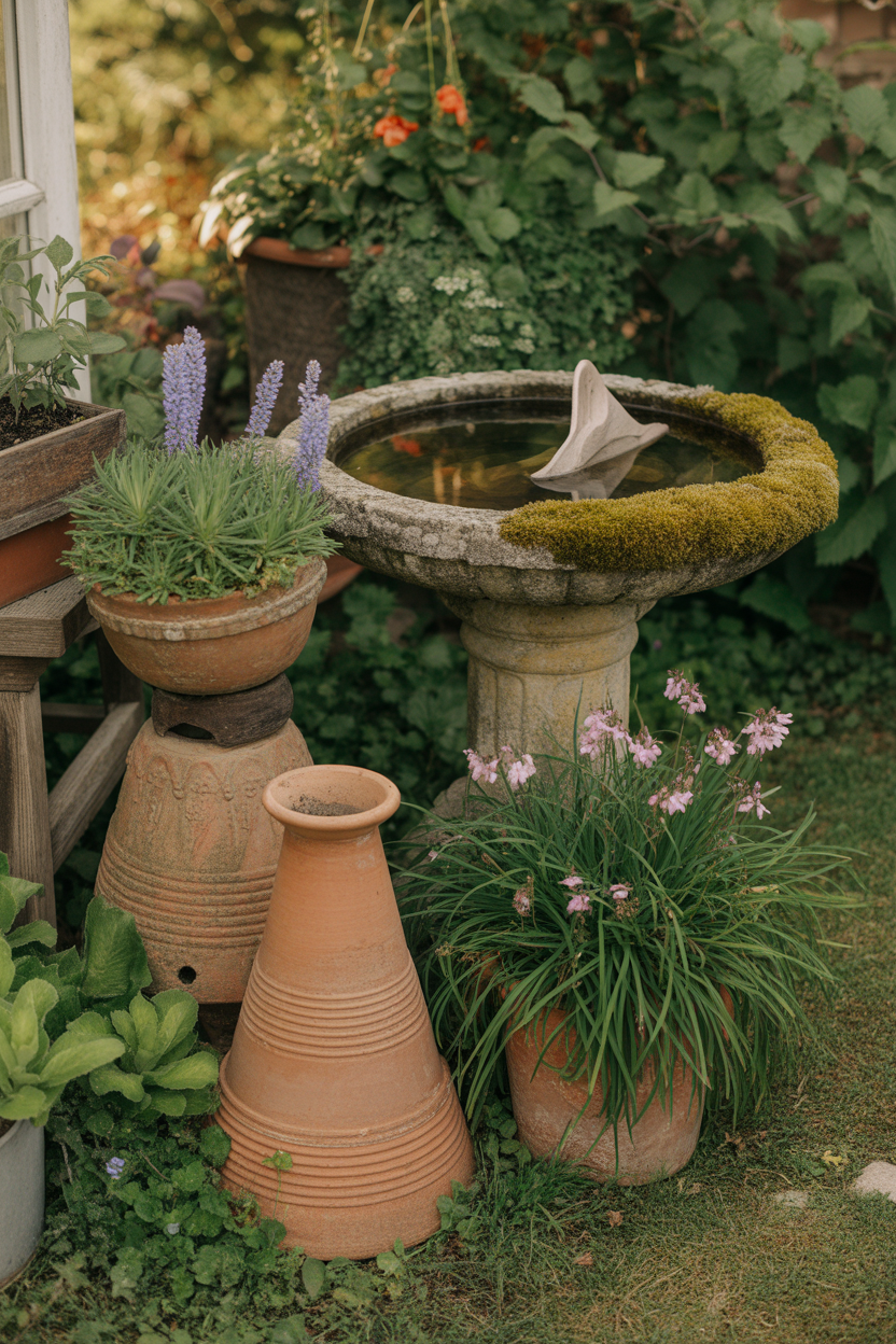 Vintage cottage garden ornaments with antique terracotta pots, stone trough, and moss birdbath