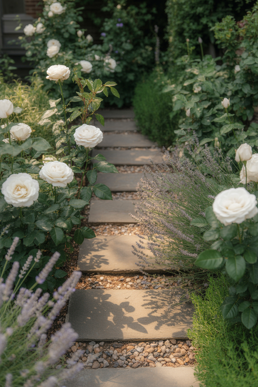 White roses and lavender lining a stone walkway in a romantic cottage garden front yard