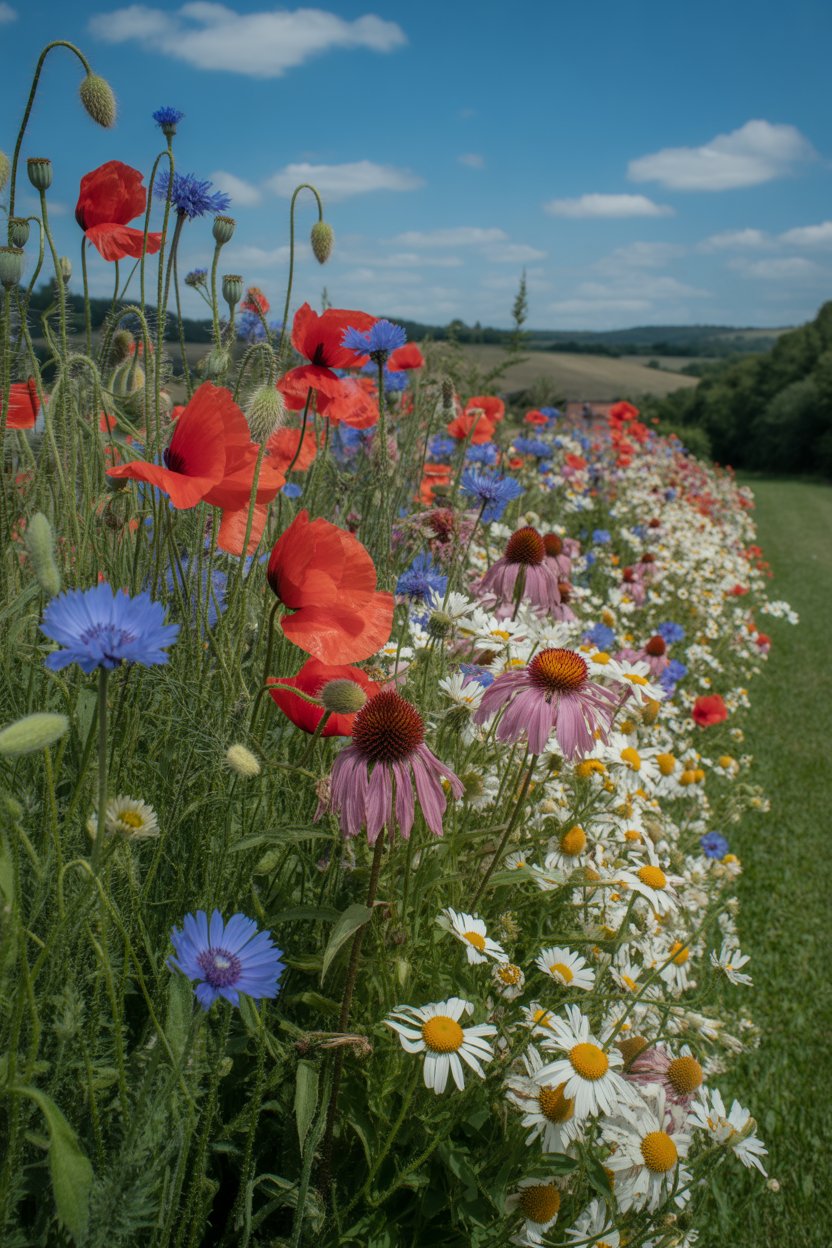 Wildflower cottage garden flower border with poppies, cornflowers, ox-eye daisies, and echinacea in naturalistic informal planting