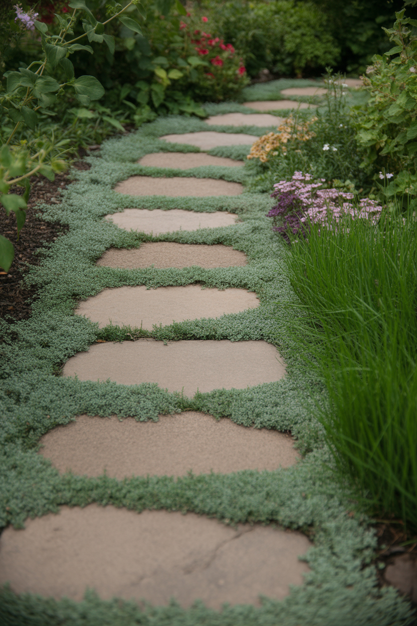 Winding stepping stone path with creeping thyme and flower borders in a backyard garden