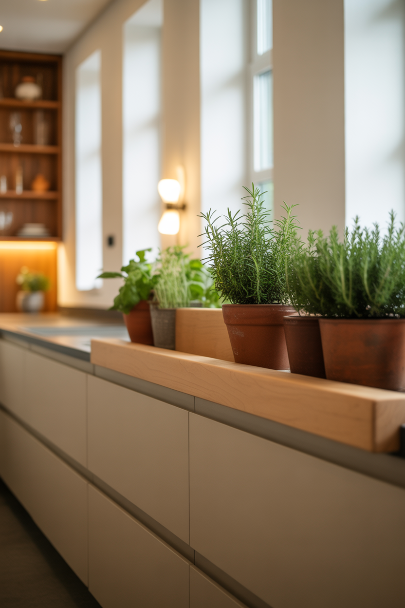 Above-cabinet kitchen herb shelf garden with potted rosemary and thyme near window