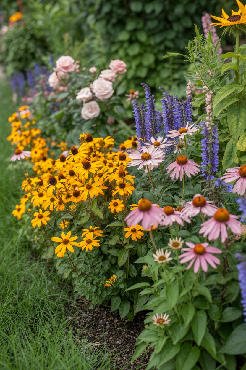 Cottage garden flower border blooming all summer with roses, salvia, echinacea, and rudbeckia in continuous colour