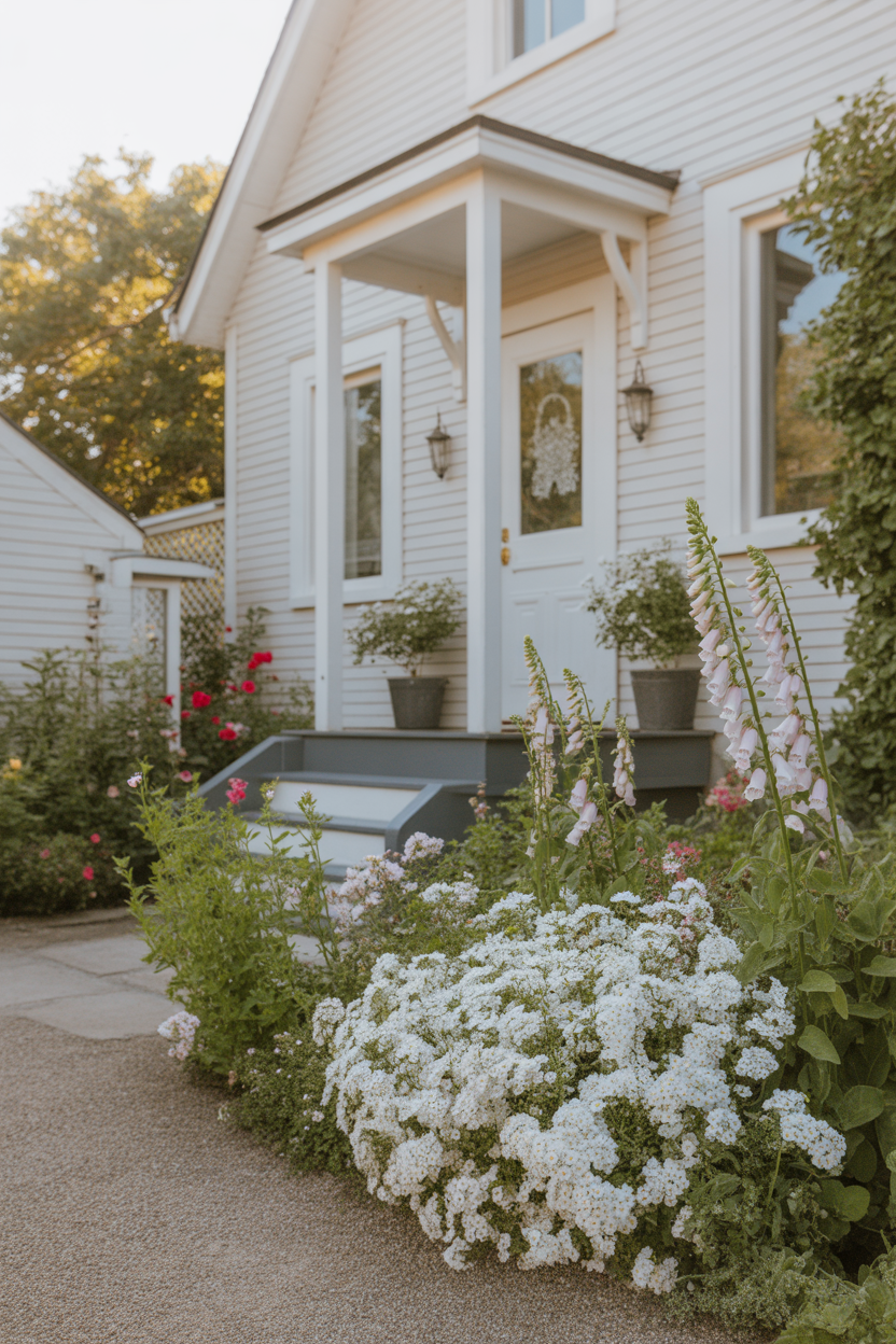 All-white layered cottage garden front yard with roses foxgloves, and alyssum for maximum curb appeal