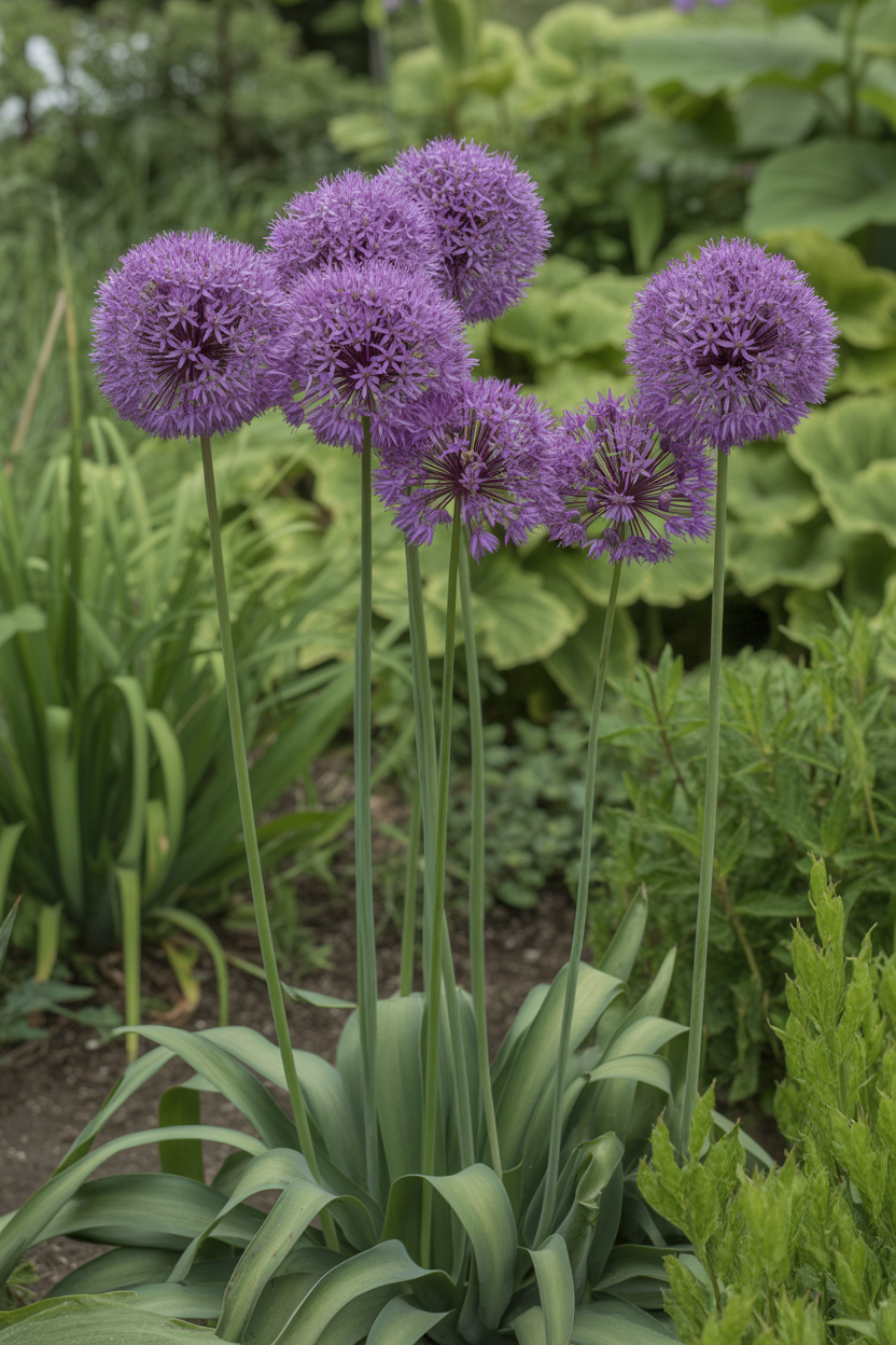 all purple allium globe flowers growing between cottage garden perennials in summe