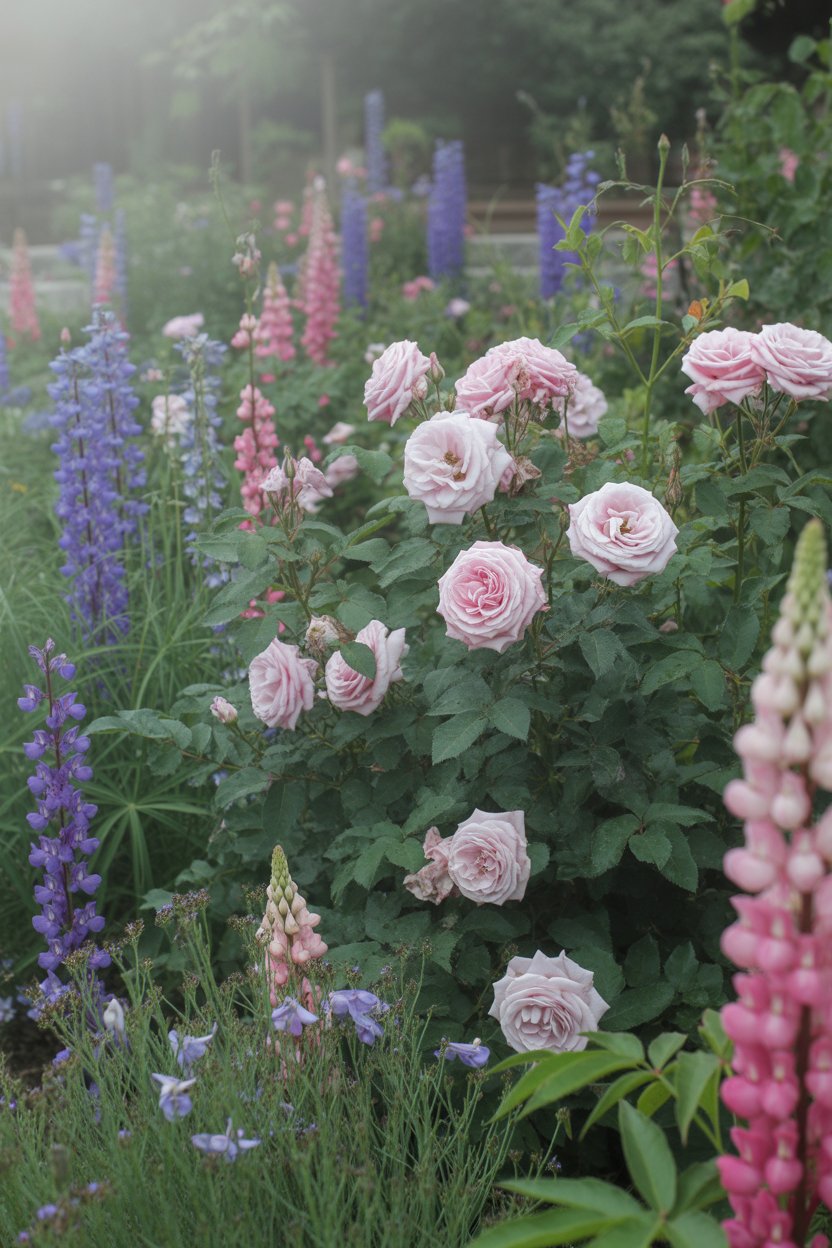 Rambling roses weaving through tall delphiniums and lupines in a romantic cottage garden border