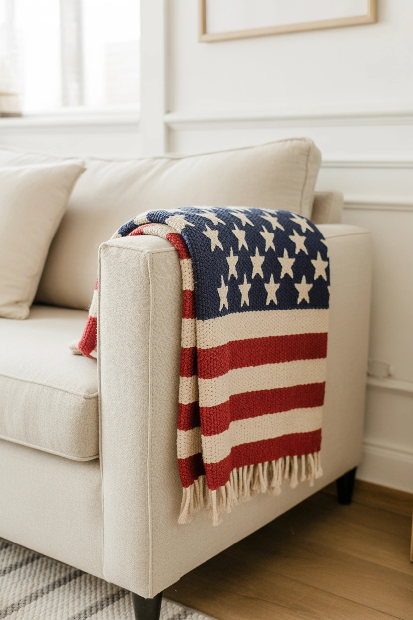 Woven American flag throw blanket draped over armchair for cozy patriotic 4th of July living room decor