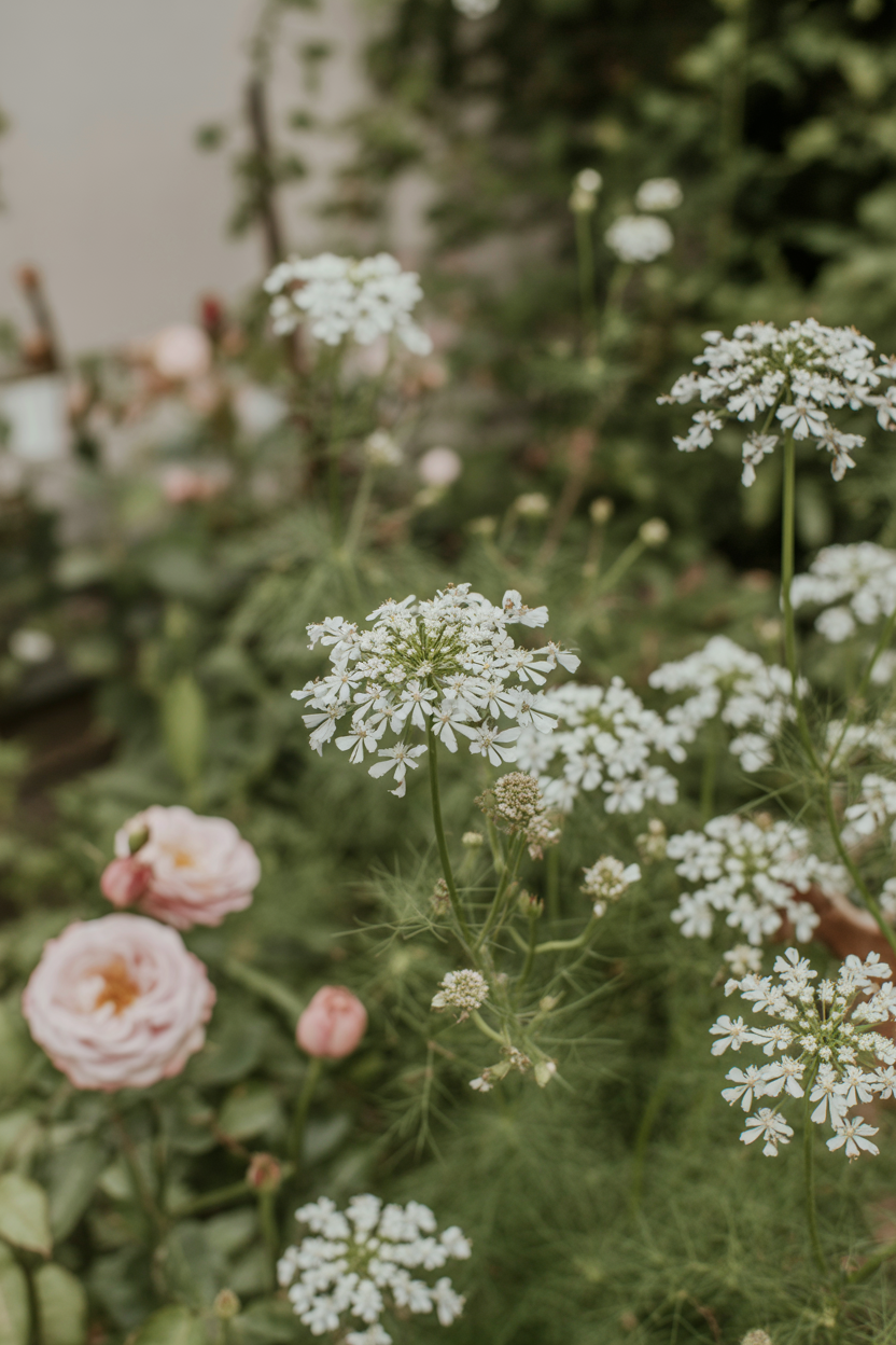 Delicate white ammi majus flowers floating above a cottage garden border with roses in the background