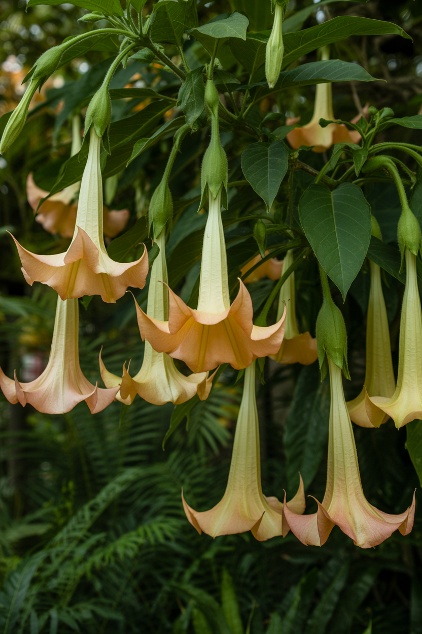 Hanging angel trumpet flowers in a romantic tropical garden