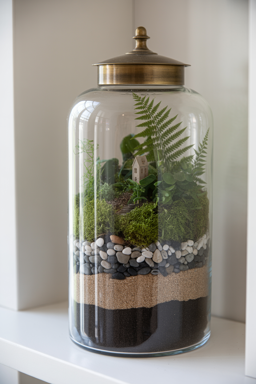 Tall apothecary jar fairy garden showing visible layers of stones, soil, and plants