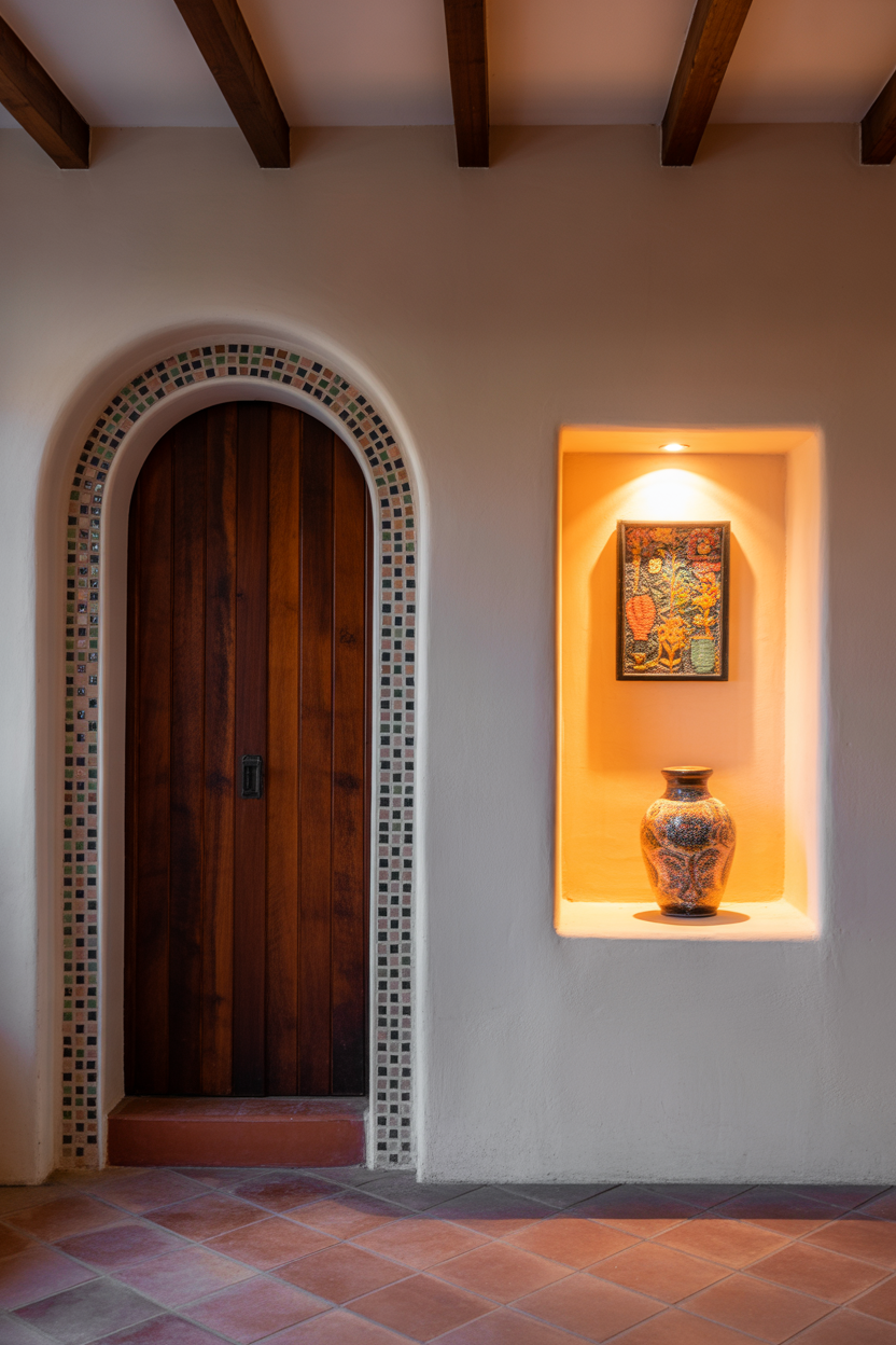Adobe arched doorway with built-in display niche showing Mexican folk art and ceramic vase in a warm stucco interior