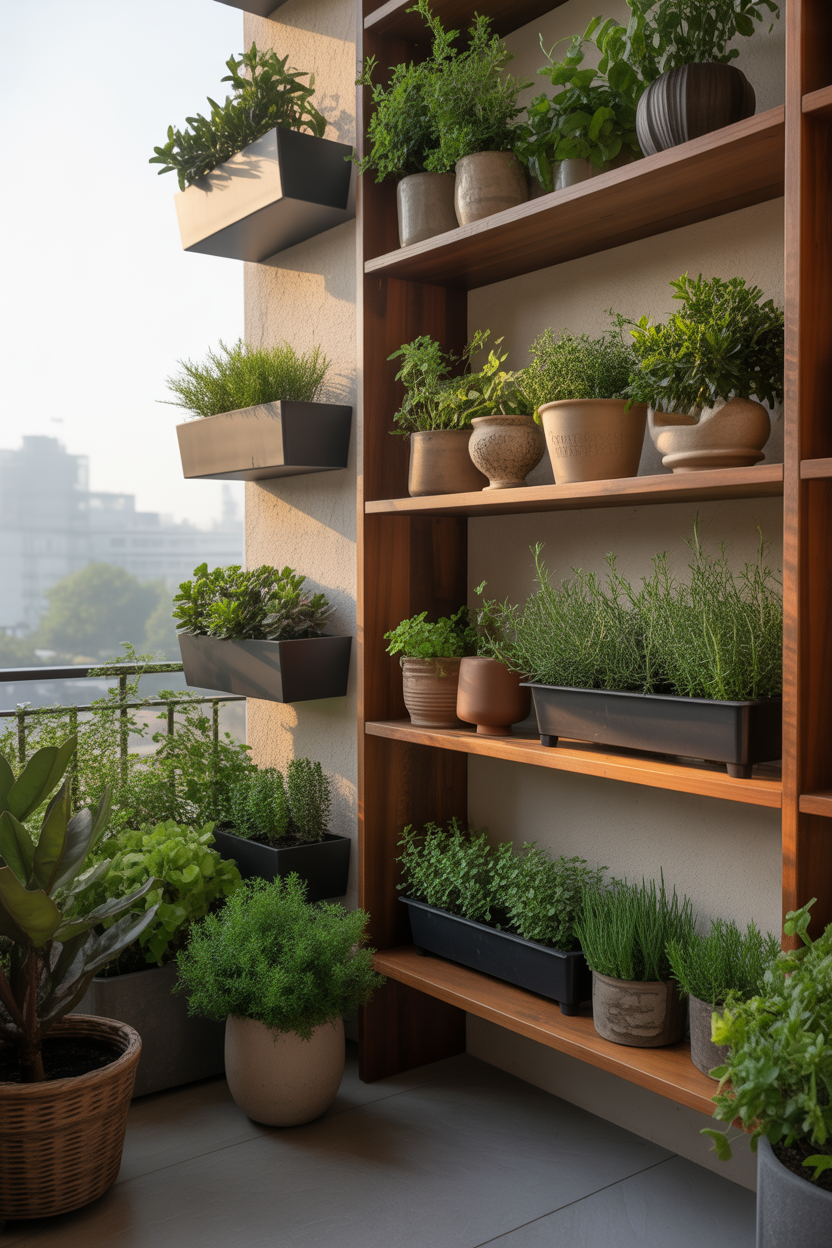 Balcony garden with vertical herb wall planter, strawberry tower, and marigold pots in morning light