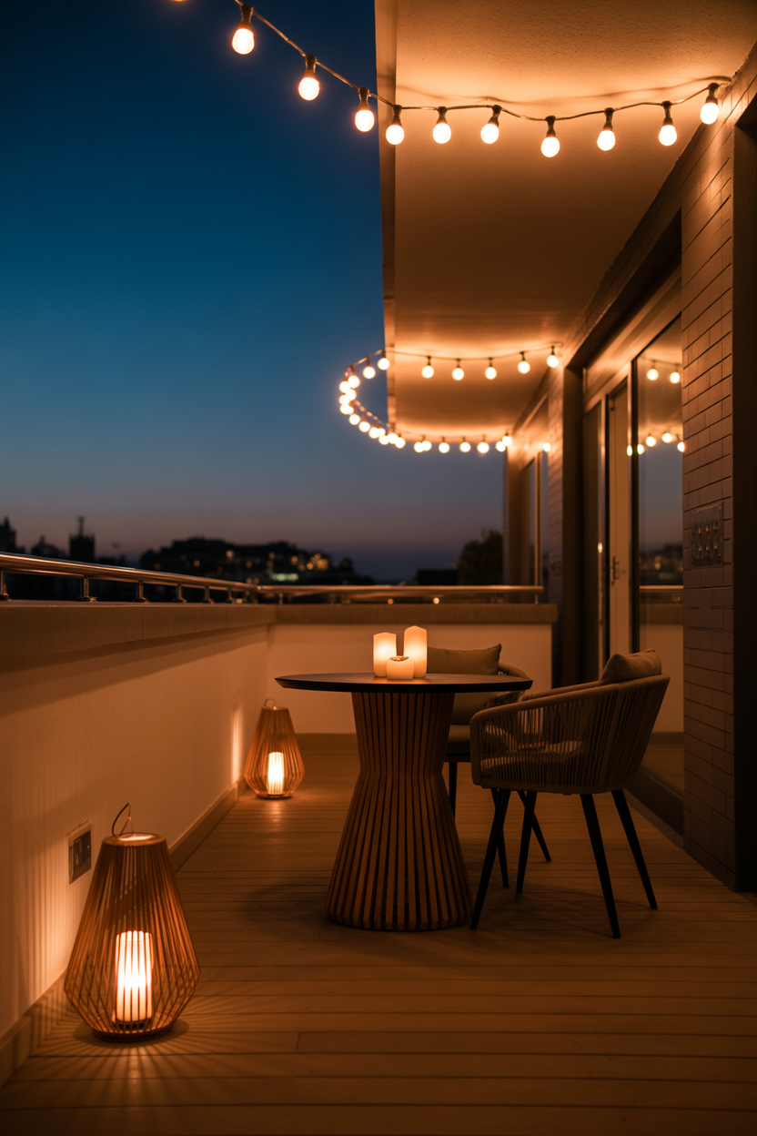Layered balcony lighting at night with string lights overhead, floor lanterns, and a candle cluster on a table