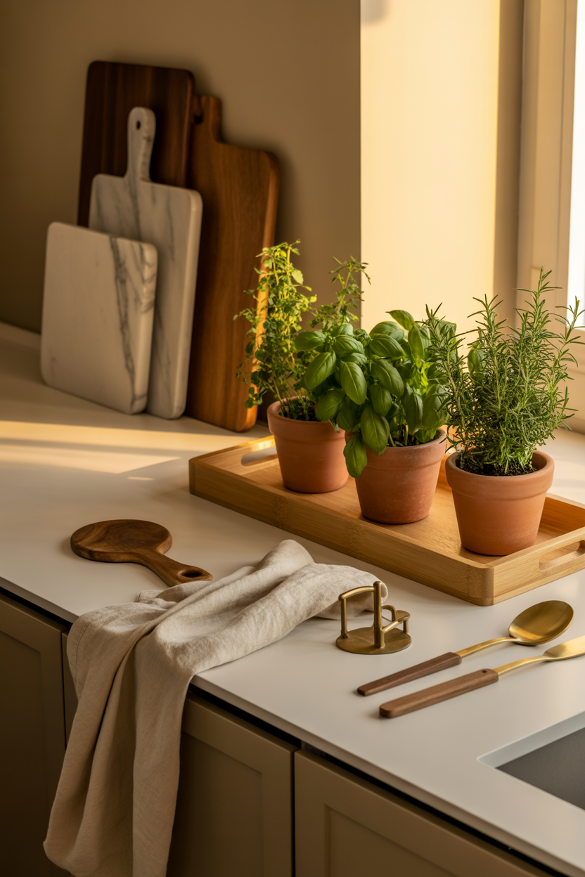 Indoor herb garden arranged on a bamboo tray in a modern luxury kitchen