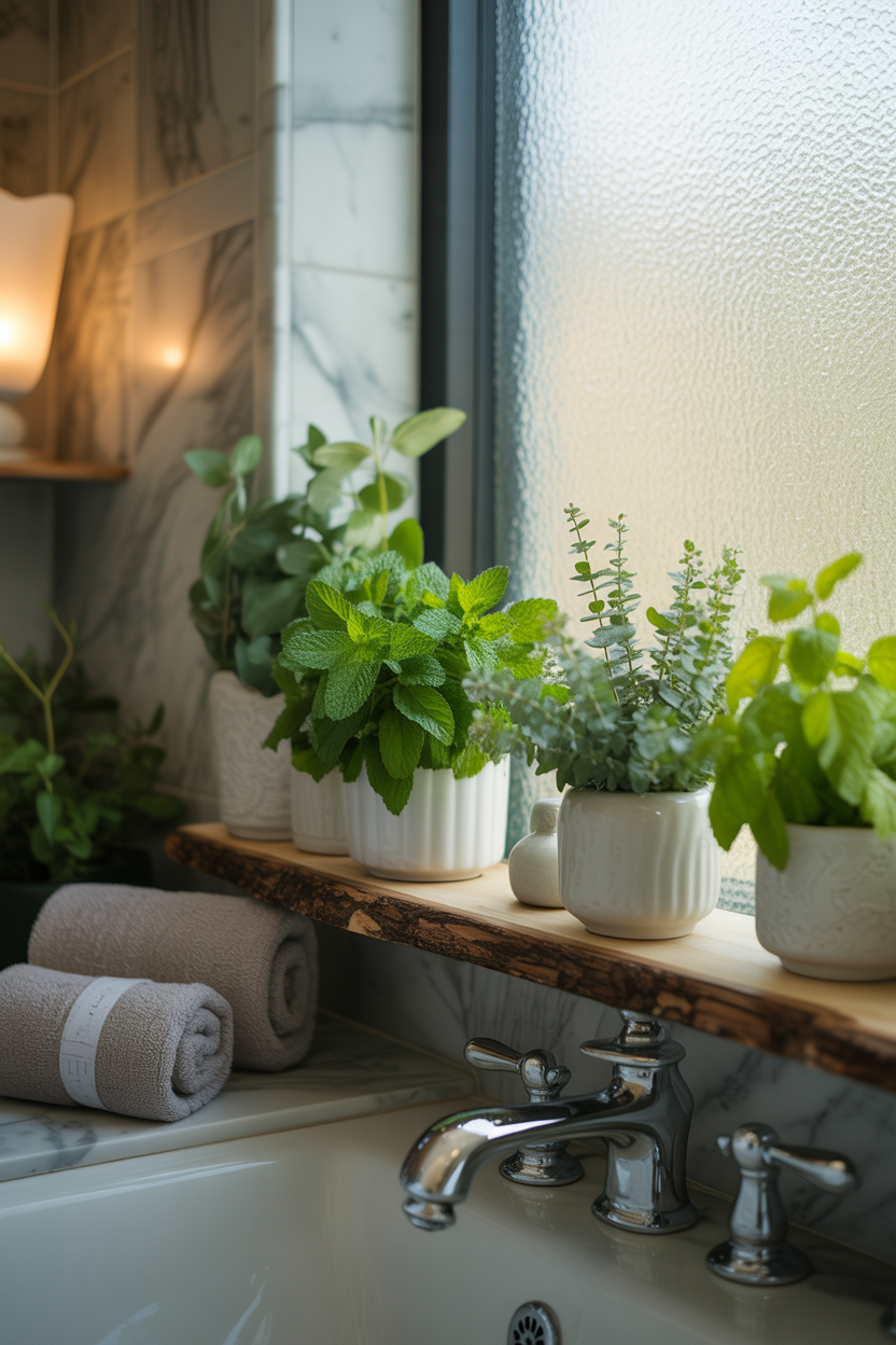 Bathroom herb shelf garden with mint and eucalyptus near frosted window in spa-style bathroom