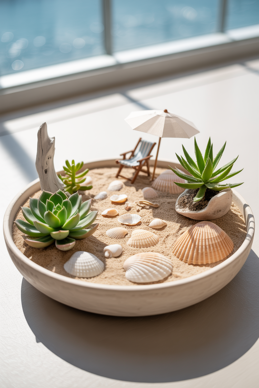 Beach-themed indoor fairy garden with succulents, seashells, and coastal miniature décor