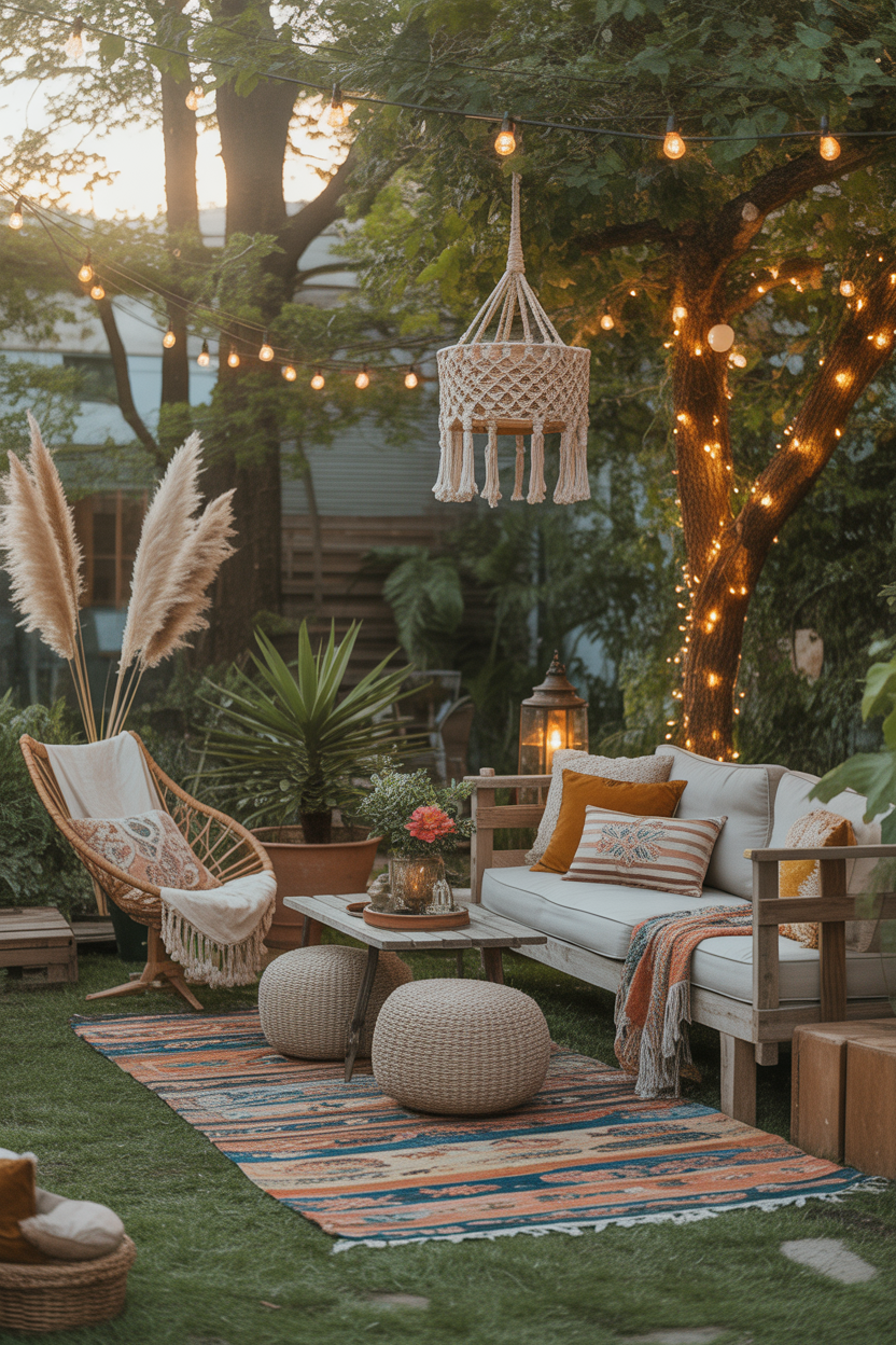 Cozy bohemian backyard garden with rugs, lanterns, and warm lighting