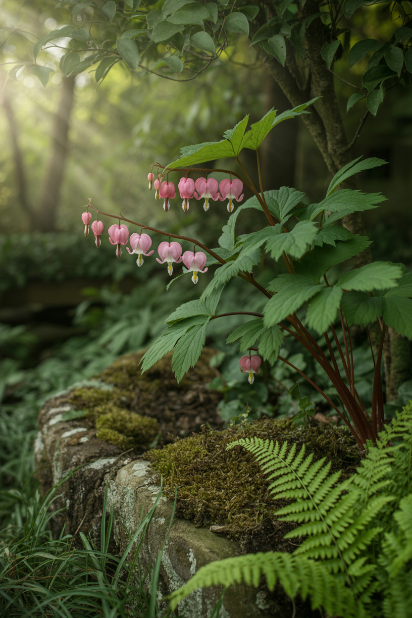 Pink bleeding heart flowers in a magical woodland garden