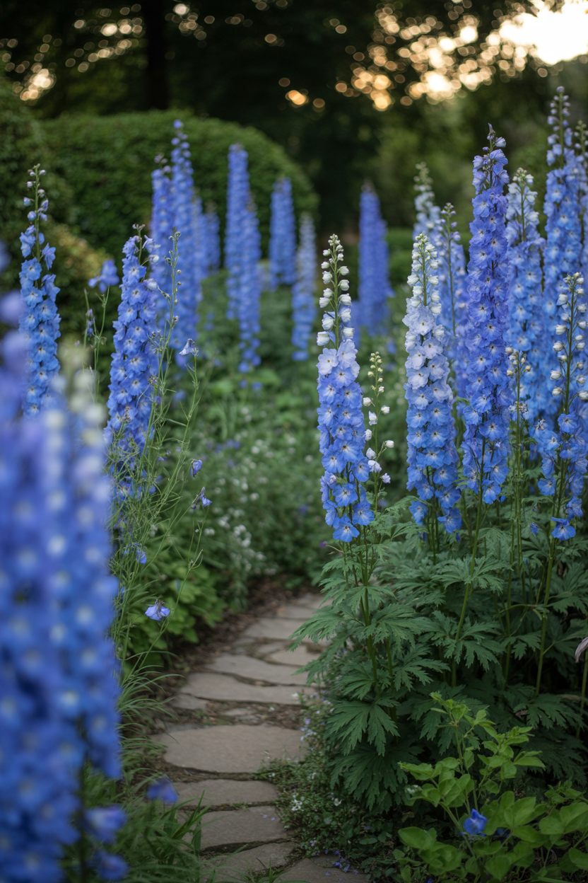 Blue delphinium flowers lining a fairytale garden pathway