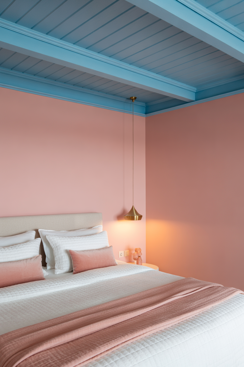 Pink bedroom walls with soft blue painted ceiling — unexpected pink and blue bedroom decor idea