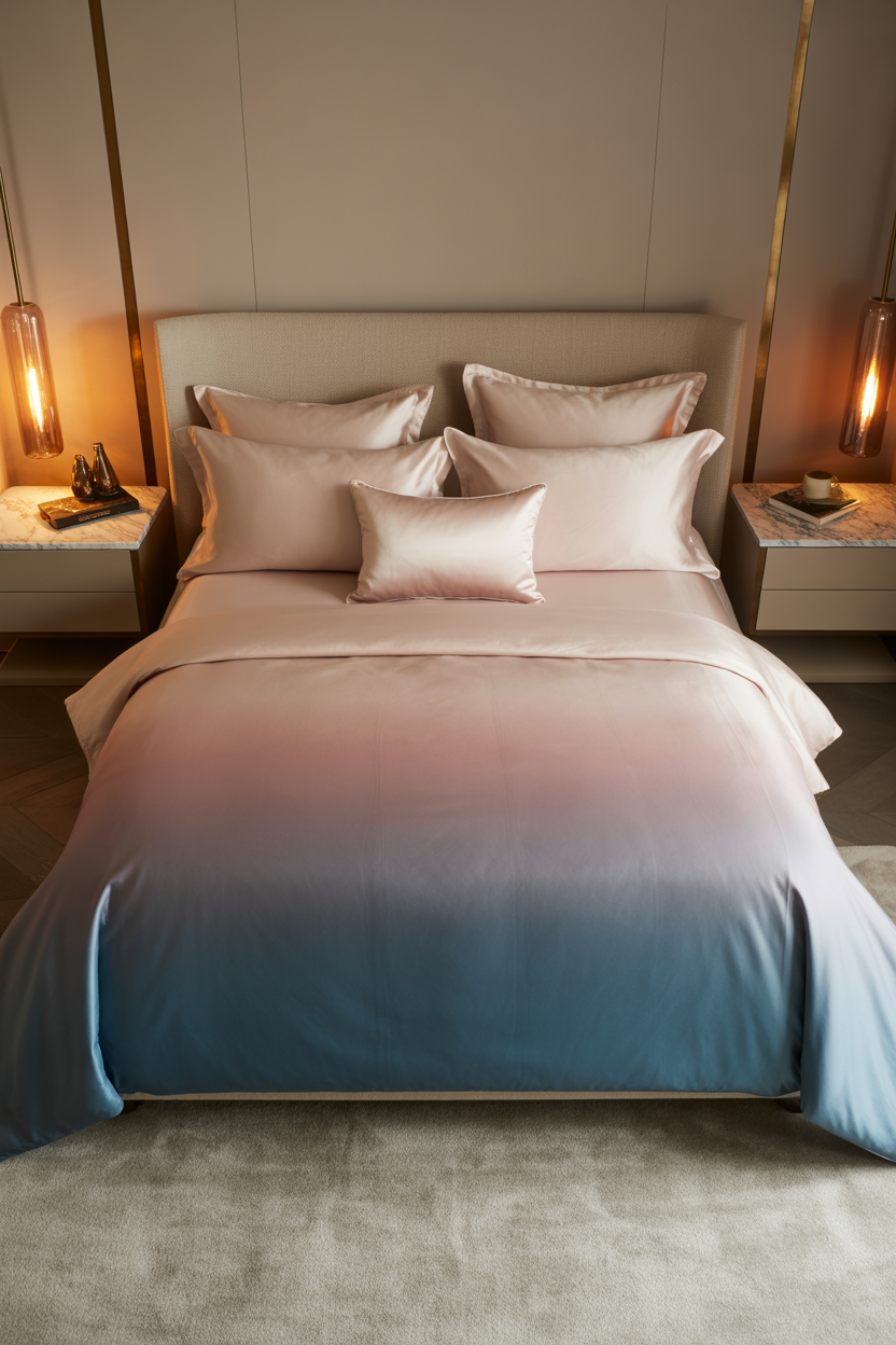 Blue and pink bedroom for teenage girls with periwinkle walls, graphic bedding, and fairy lights