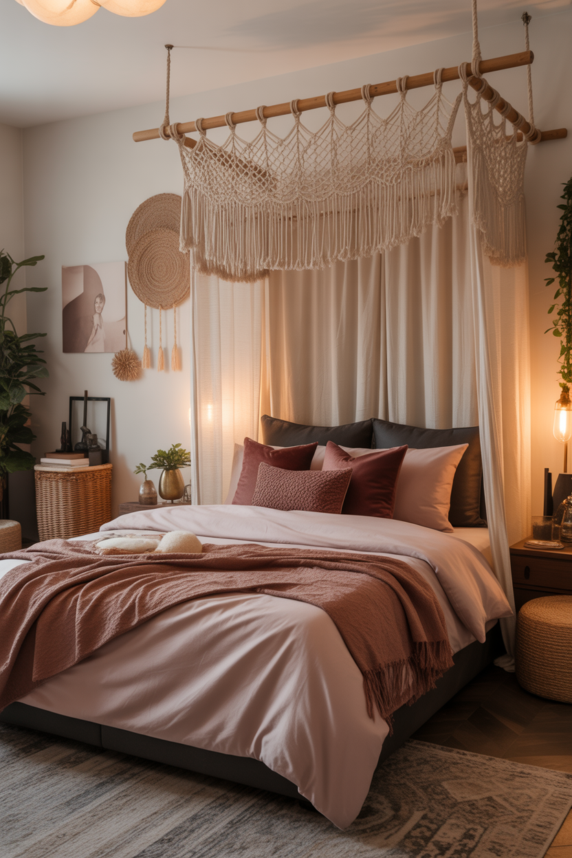 Bohemian macramé canopy bed idea with tension rod in cozy bedroom