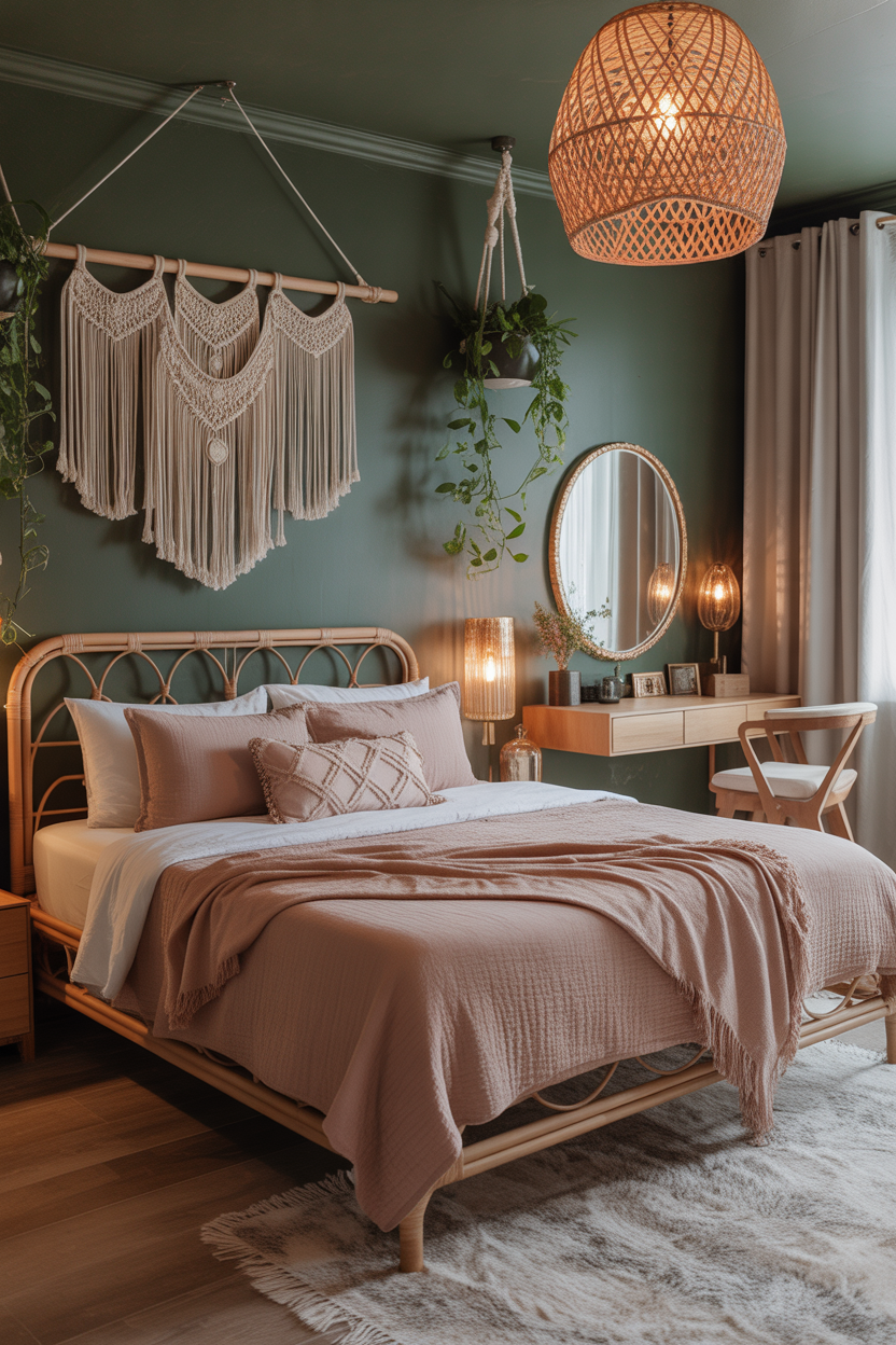 Boho pink and green bedroom with rattan furniture, macrame wall art, and layered textiles for a bohemian aesthetic