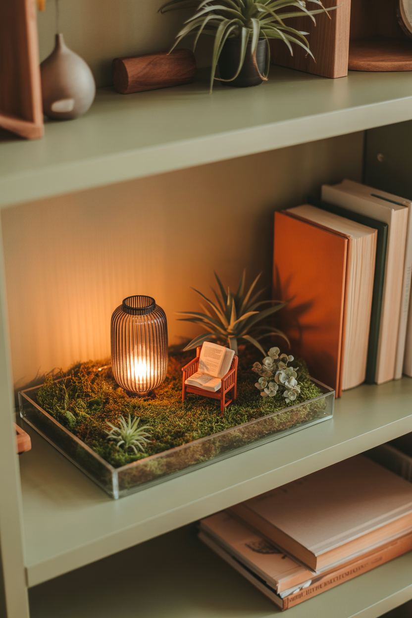 A shallow tray fairy garden on a bookshelf with preserved moss, tiny furniture, air plants, and a miniature lantern styled as home decor