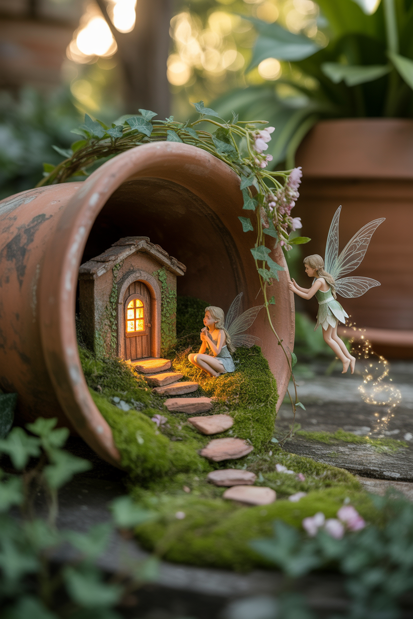 A broken terracotta pot on its side styled as a cascading fairy garden with trailing plants and tiny figurines on each step.