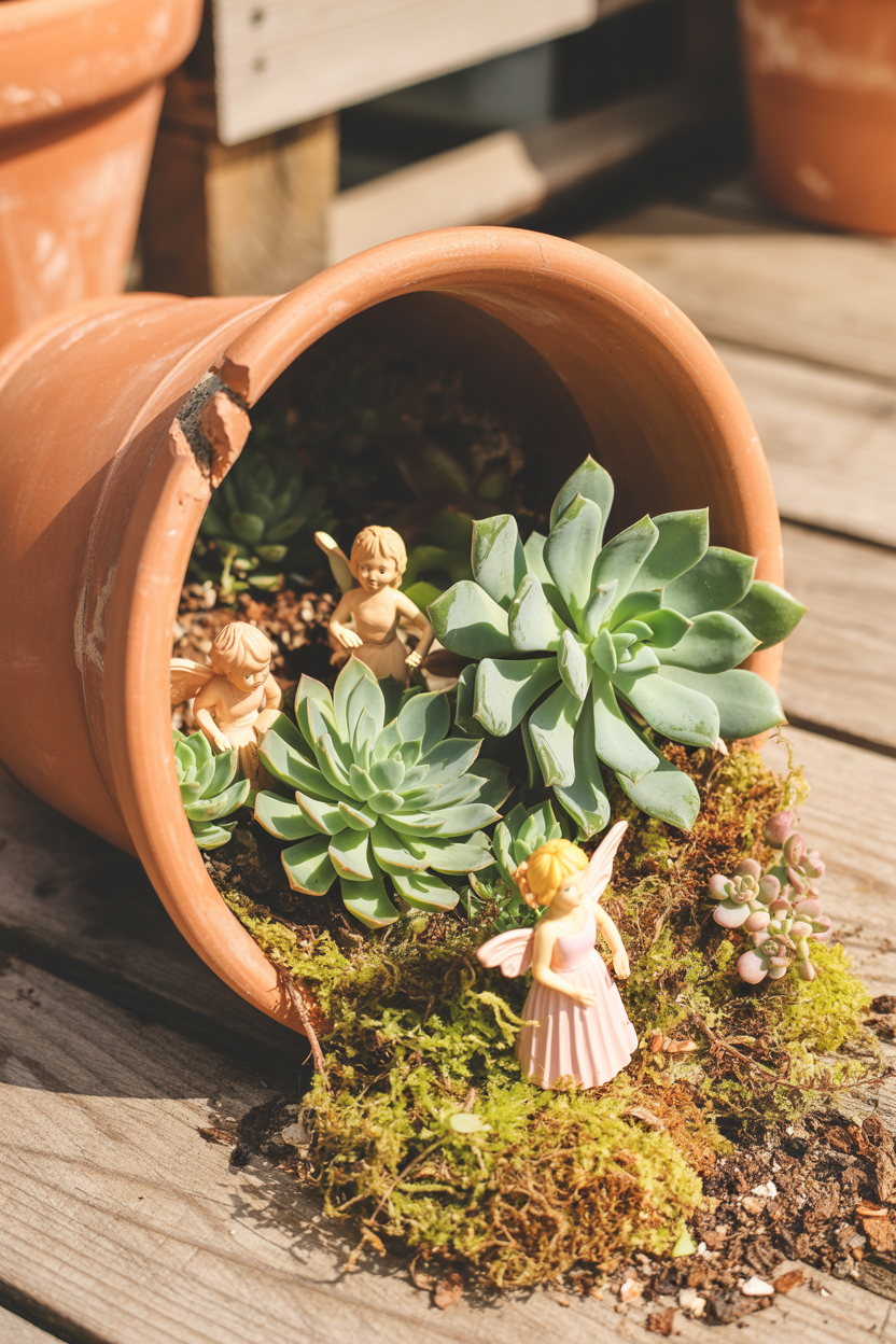 DIY broken terracotta pot fairy garden with succulents spilling out on an outdoor patio