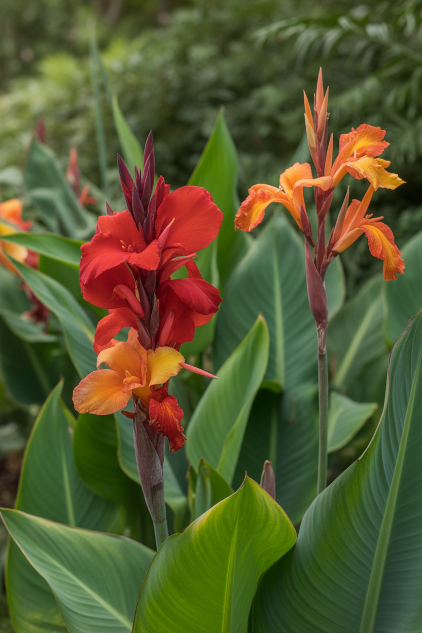 Tropical canna lilies thriving in a hot summer garden