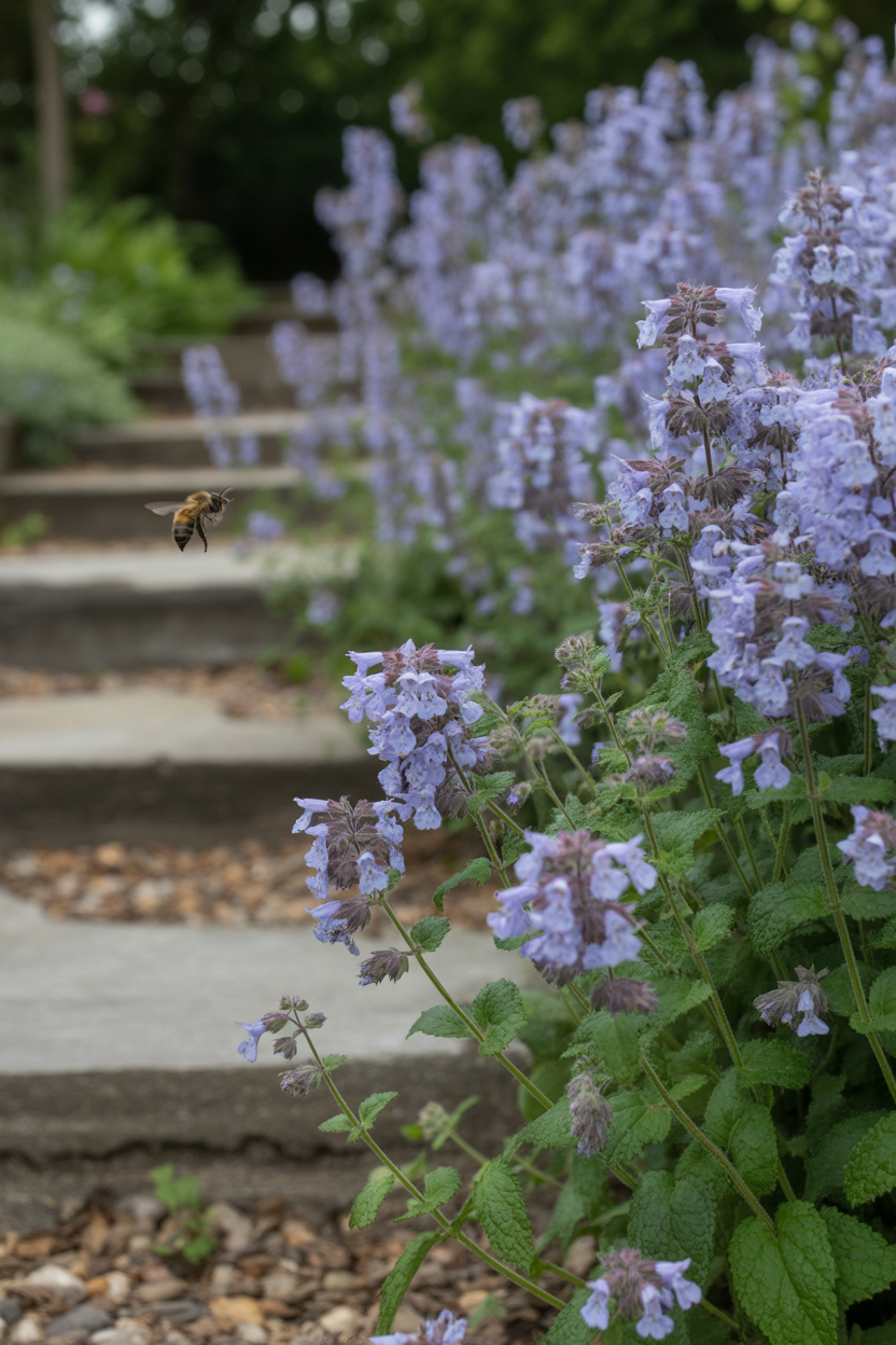 Blue-purple catmint flowers spilling over a stone cottage garden path edge in morning light