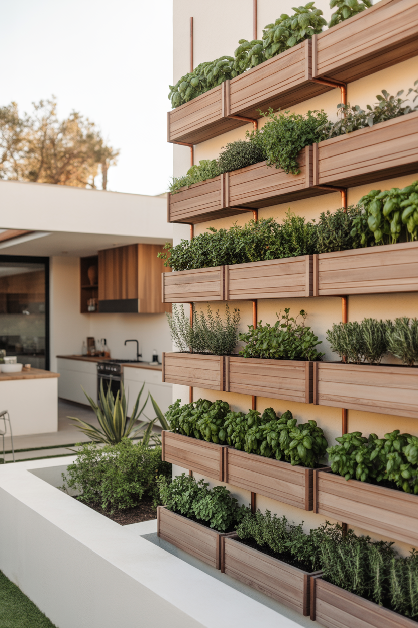Cedar wood wall-mounted herb planter boxes on white garden wall with fresh herbs growing in each tier