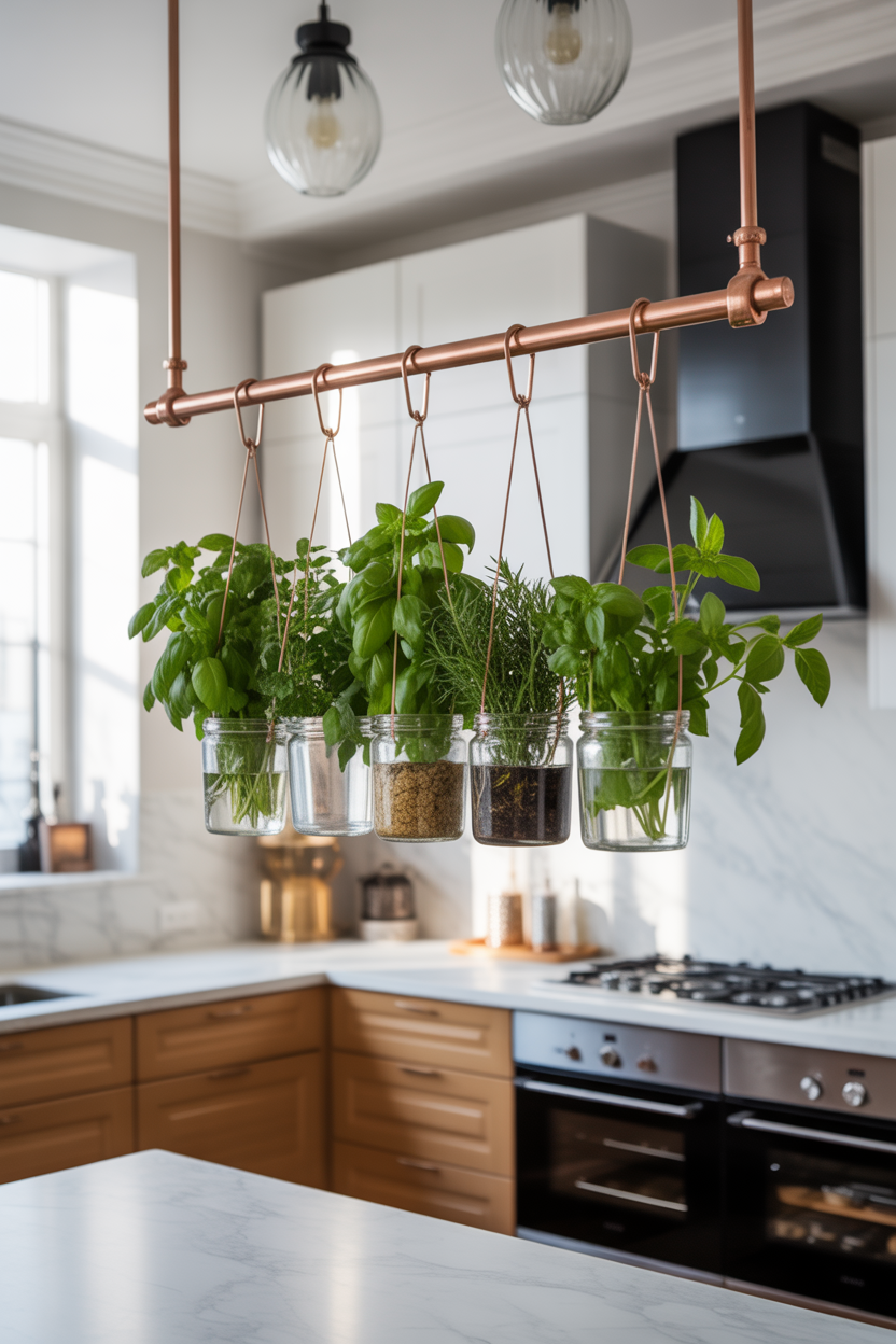 DIY hanging glass jar herb garden suspended from copper ceiling rod with fresh herbs in kitchen