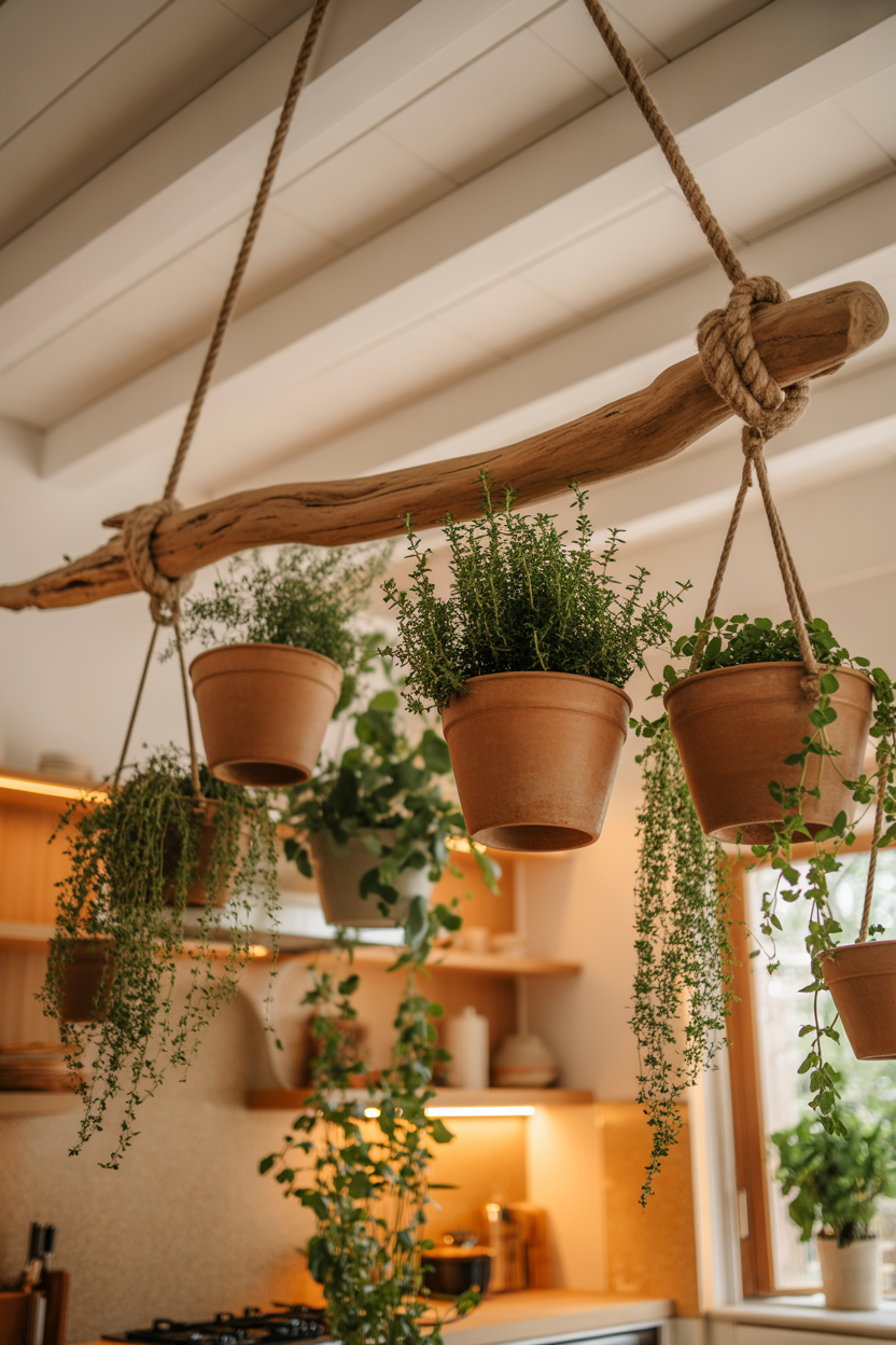Ceiling-hung driftwood dowel herb garden with hanging terracotta pots in boho kitchen