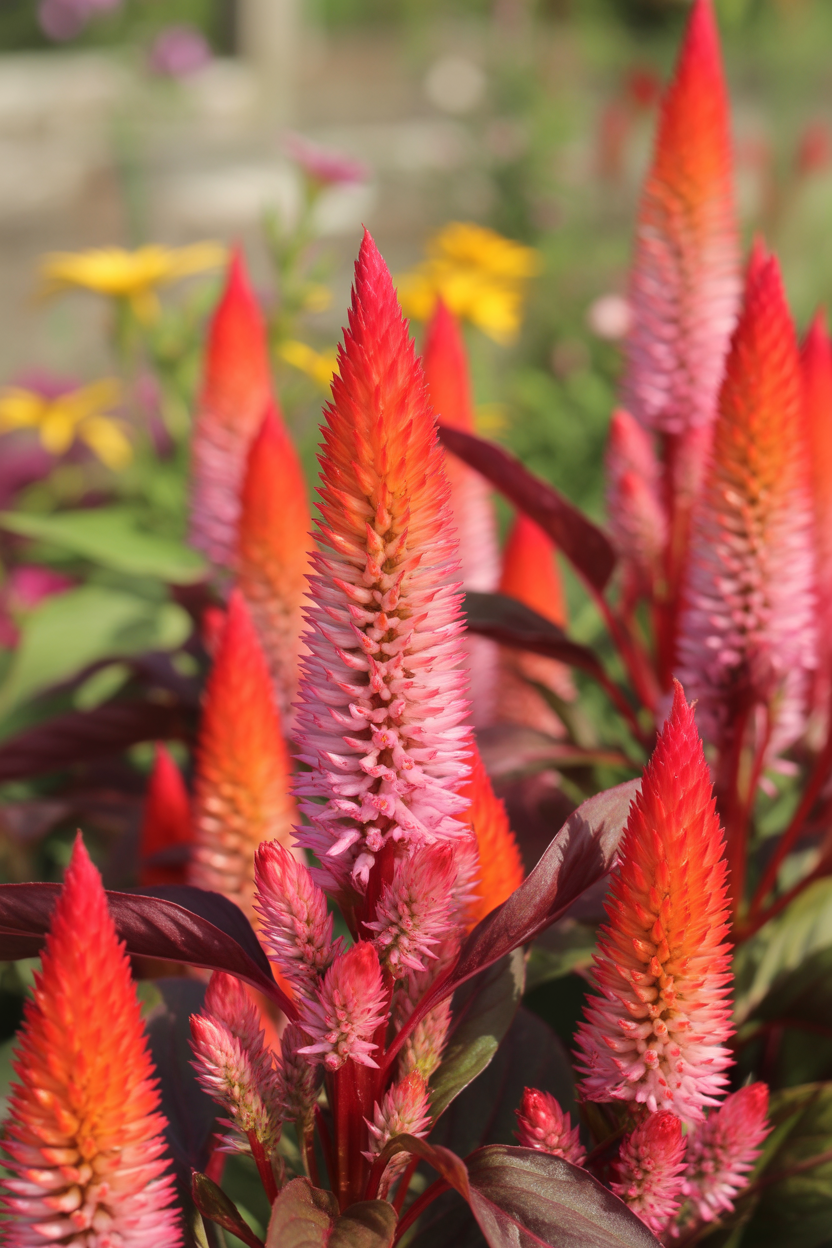 Celosia flowers thriving in extreme heat and summer garden conditions