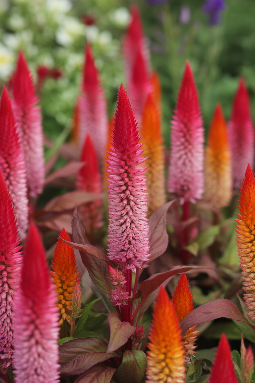 Celosia flowers blooming in a full sun summer garden bed