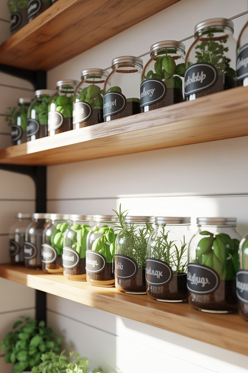 Mason jar herb garden with chalkboard labels on modern kitchen shelves
